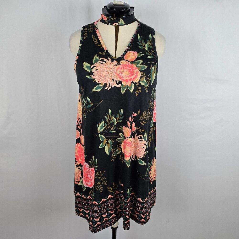 Angie Dress Women's M Black Pink Floral Sleeveless Mini